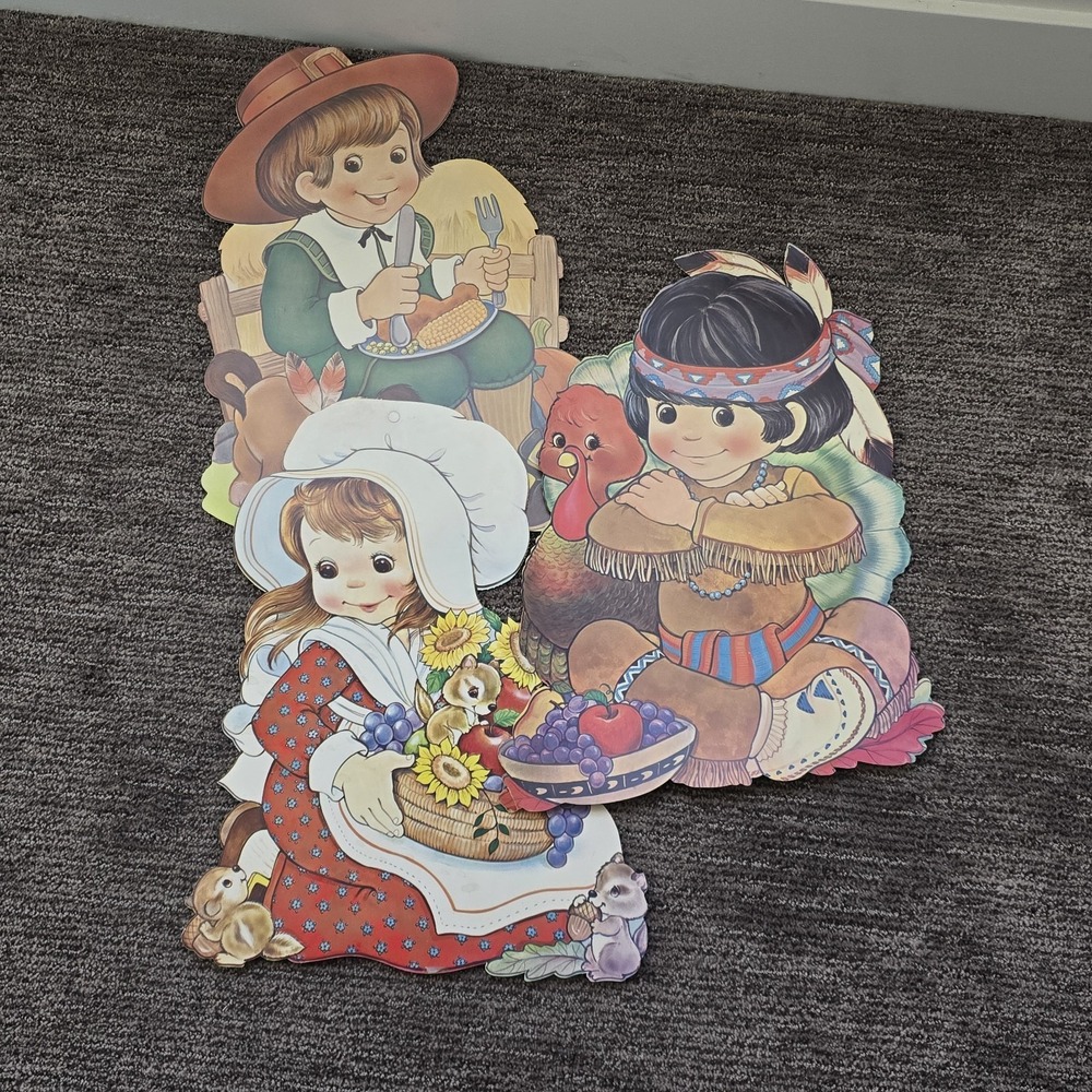 3 Large Vintage Die Cut Thanksgiving Double Sided Window Wall Decor Pilgrim Girl